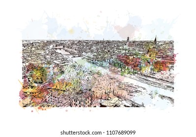 Building view of Verona is a city in northern Italy’s Veneto region. Watercolor splash with hand drawn sketch illustration in vector.