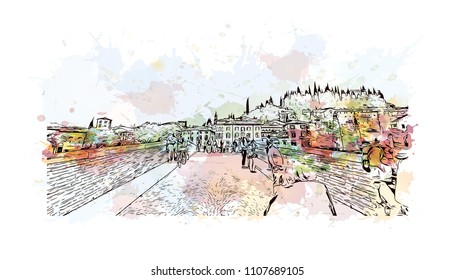 Building view of Verona is a city in northern Italy’s Veneto region. Watercolor splash with hand drawn sketch illustration in vector.