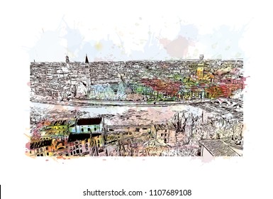 Building view of Verona is a city in northern Italy’s Veneto region. Watercolor splash with hand drawn sketch illustration in vector.