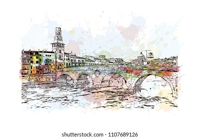 Building view of Verona is a city in northern Italy’s Veneto region. Watercolor splash with hand drawn sketch illustration in vector.