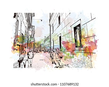 Building view of Verona is a city in northern Italy’s Veneto region. Watercolor splash with hand drawn sketch illustration in vector.