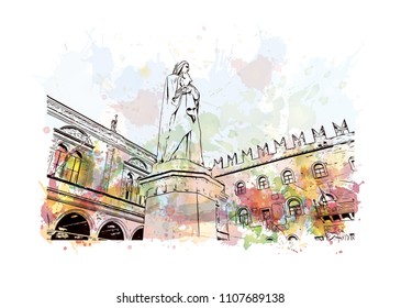 Building view of Verona is a city in northern Italy’s Veneto region. Watercolor splash with hand drawn sketch illustration in vector.