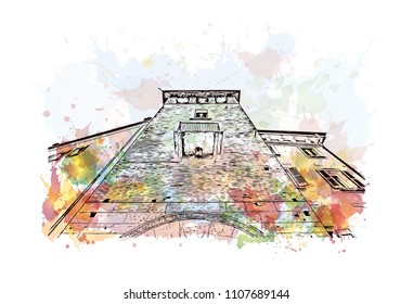 Building view of Verona is a city in northern Italy’s Veneto region. Watercolor splash with hand drawn sketch illustration in vector.