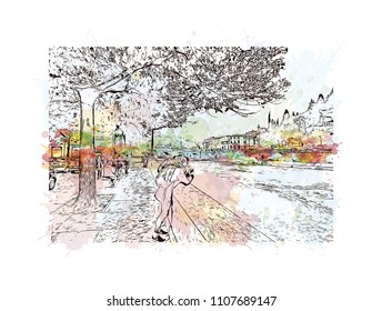 Building view of Verona is a city in northern Italy’s Veneto region. Watercolor splash with hand drawn sketch illustration in vector.