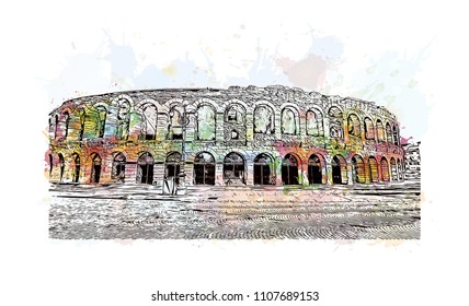 Building view of Verona is a city in northern Italy’s Veneto region. Watercolor splash with hand drawn sketch illustration in vector.