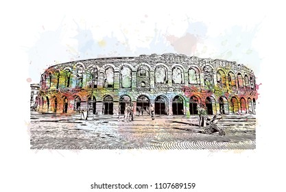 Building view of Verona is a city in northern Italy’s Veneto region. Watercolor splash with hand drawn sketch illustration in vector.