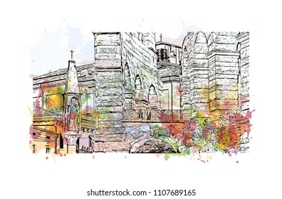 Building view of Verona is a city in northern Italy’s Veneto region. Watercolor splash with hand drawn sketch illustration in vector.