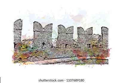 Building view of Verona is a city in northern Italy’s Veneto region. Watercolor splash with hand drawn sketch illustration in vector.