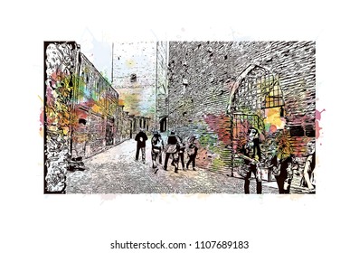 Building view of Verona is a city in northern Italy’s Veneto region. Watercolor splash with hand drawn sketch illustration in vector.