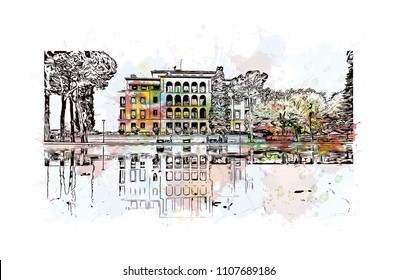Building view of Verona is a city in northern Italy’s Veneto region. Watercolor splash with hand drawn sketch illustration in vector.