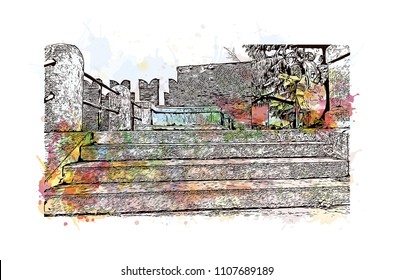 Building view of Verona is a city in northern Italy’s Veneto region. Watercolor splash with hand drawn sketch illustration in vector.