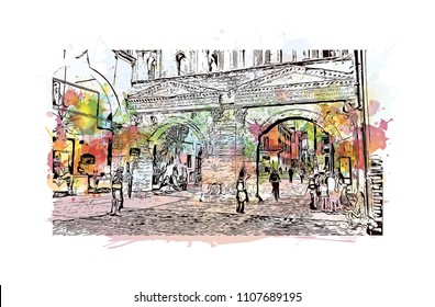 Building view of Verona is a city in northern Italy’s Veneto region. Watercolor splash with hand drawn sketch illustration in vector.