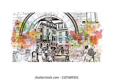 Building view of Verona is a city in northern Italy’s Veneto region. Watercolor splash with hand drawn sketch illustration in vector.