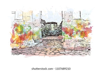 Building view of Verona is a city in northern Italy’s Veneto region. Watercolor splash with hand drawn sketch illustration in vector.