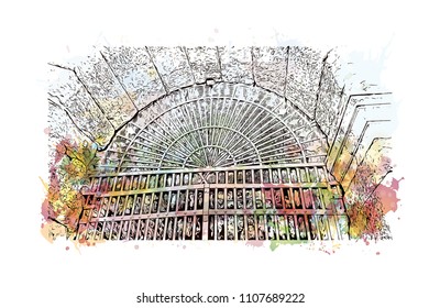 Building view of Verona is a city in northern Italy’s Veneto region. Watercolor splash with hand drawn sketch illustration in vector.