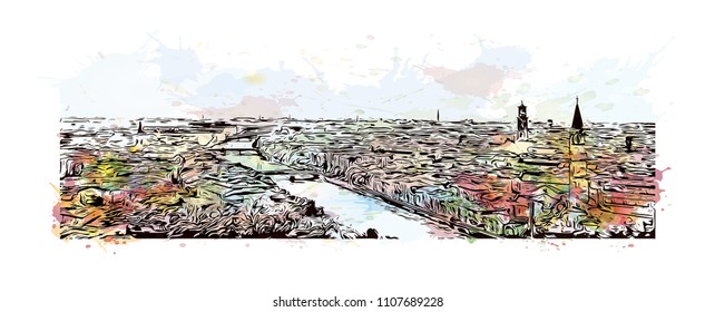 Building view of Verona is a city in northern Italy’s Veneto region. Watercolor splash with hand drawn sketch illustration in vector.