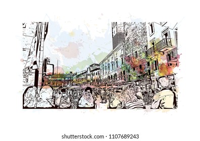 Building view of Verona is a city in northern Italy’s Veneto region. Watercolor splash with hand drawn sketch illustration in vector.