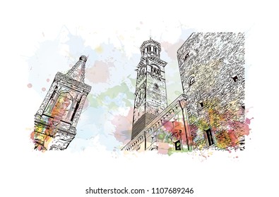 Building view of Verona is a city in northern Italy’s Veneto region. Watercolor splash with hand drawn sketch illustration in vector.