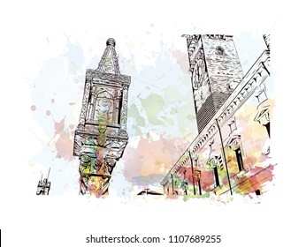 Building view of Verona is a city in northern Italy’s Veneto region. Watercolor splash with hand drawn sketch illustration in vector.