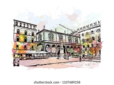 Building view of Verona is a city in northern Italy’s Veneto region. Watercolor splash with hand drawn sketch illustration in vector.