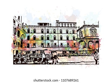 Building view of Verona is a city in northern Italy’s Veneto region. Watercolor splash with hand drawn sketch illustration in vector.