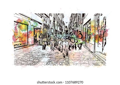 Building view of Verona is a city in northern Italy’s Veneto region. Watercolor splash with hand drawn sketch illustration in vector.