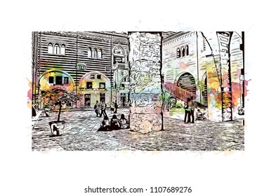 Building view of Verona is a city in northern Italy’s Veneto region. Watercolor splash with hand drawn sketch illustration in vector.