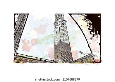 Building view of Verona is a city in northern Italy’s Veneto region. Watercolor splash with hand drawn sketch illustration in vector.