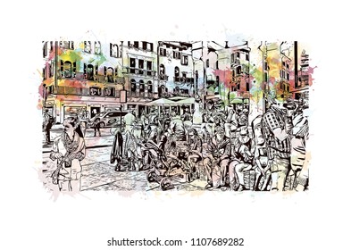 Building view of Verona is a city in northern Italy’s Veneto region. Watercolor splash with hand drawn sketch illustration in vector.