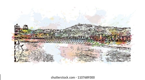 Building view of Verona is a city in northern Italy’s Veneto region. Watercolor splash with hand drawn sketch illustration in vector.