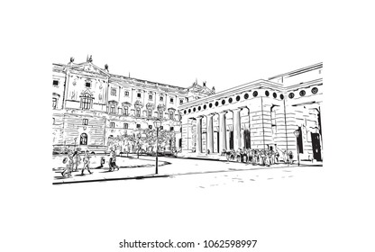 Building views with street of Vienna Capital of Austria. Hand drawn sketch illustration in vector.