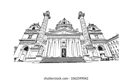 Building views with street of Vienna Capital of Austria. Hand drawn sketch illustration in vector.