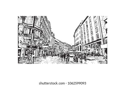 Building views with street of Vienna Capital of Austria. Hand drawn sketch illustration in vector.