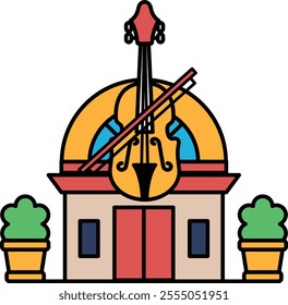 A building with a violin on it. The building is yellow and red. The violin is on the roof