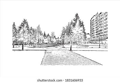 Building vith with landmark of Balashikha is a city in Russia. Hand drawn sketch illustration in vector.