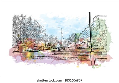 Building vith with landmark of Balashikha is a city in Russia. Watercolor splash with hand drawn sketch illustration in vector.