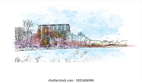 Building vith with landmark of Balashikha is a city in Russia. Watercolor splash with hand drawn sketch illustration in vector.