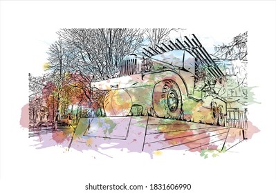 Building vith with landmark of Balashikha is a city in Russia. Watercolor splash with hand drawn sketch illustration in vector.