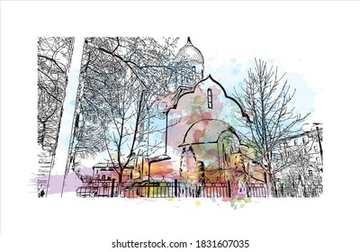 Building vith with landmark of Balashikha is a city in Russia. Watercolor splash with hand drawn sketch illustration in vector.