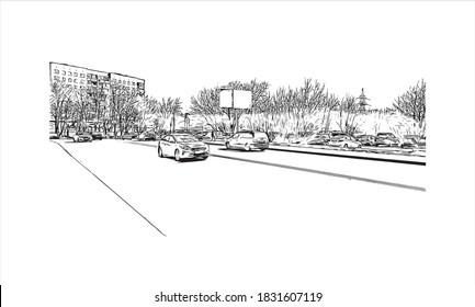 Building vith with landmark of Balashikha is a city in Russia. Hand drawn sketch illustration in vector.