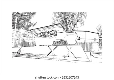 Building vith with landmark of Balashikha is a city in Russia. Hand drawn sketch illustration in vector.