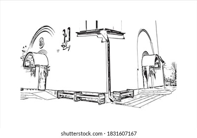 Building vith with landmark of Balashikha is a city in Russia. Hand drawn sketch illustration in vector.