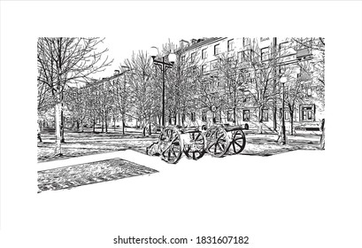 Building vith with landmark of Balashikha is a city in Russia. Hand drawn sketch illustration in vector.