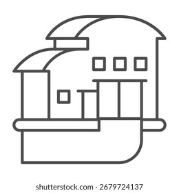 Building with warehouse thin line icon, manufacturing logistic concept, hangar with gate and road sign on white background, outline style icon for mobile and web design. Vector graphics