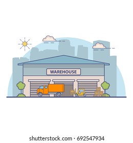 Building of a warehouse with truck on delivery and the fork loader in flat linear style a vector.Loading of boxes in the transportation vehicle and unloading of freights. storage of industrial goods.