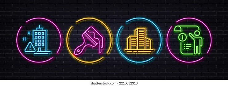 Building warning, Brush and Buildings minimal line icons. Neon laser 3d lights. Manual doc icons. For web, application, printing. Inspection risk, Art brush, City architecture. Project info. Vector