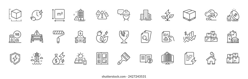 Building warning, Package size and Wholesale inventory line icons. Pack of Enterprise, Paint roller, Power certificate icon. Solar panel, Charging time, Car charging pictogram. Line icons. Vector