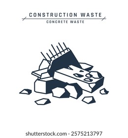 Building waste. Construction rubble. Pile of broken concrete. Industrial demolition debris on a jobsite or landfill. House renovation garbage. Vector flat icon isolated on a white background.