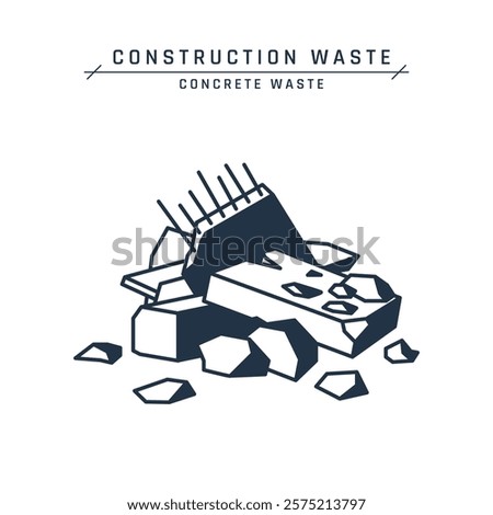 Building waste. Construction rubble. Pile of broken concrete. Industrial demolition debris on a jobsite or landfill. House renovation garbage. Vector flat icon isolated on a white background.