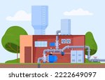 Building with water pumps. Water and liquid pumping. Technical equipment for water stations. Vector illustration